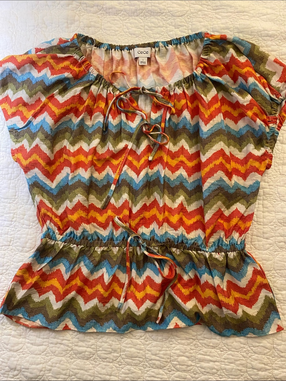 CeCe Multicolor Zigzag Tie-Front Peasant Top - Red, Blue, Green, Cream, Tan